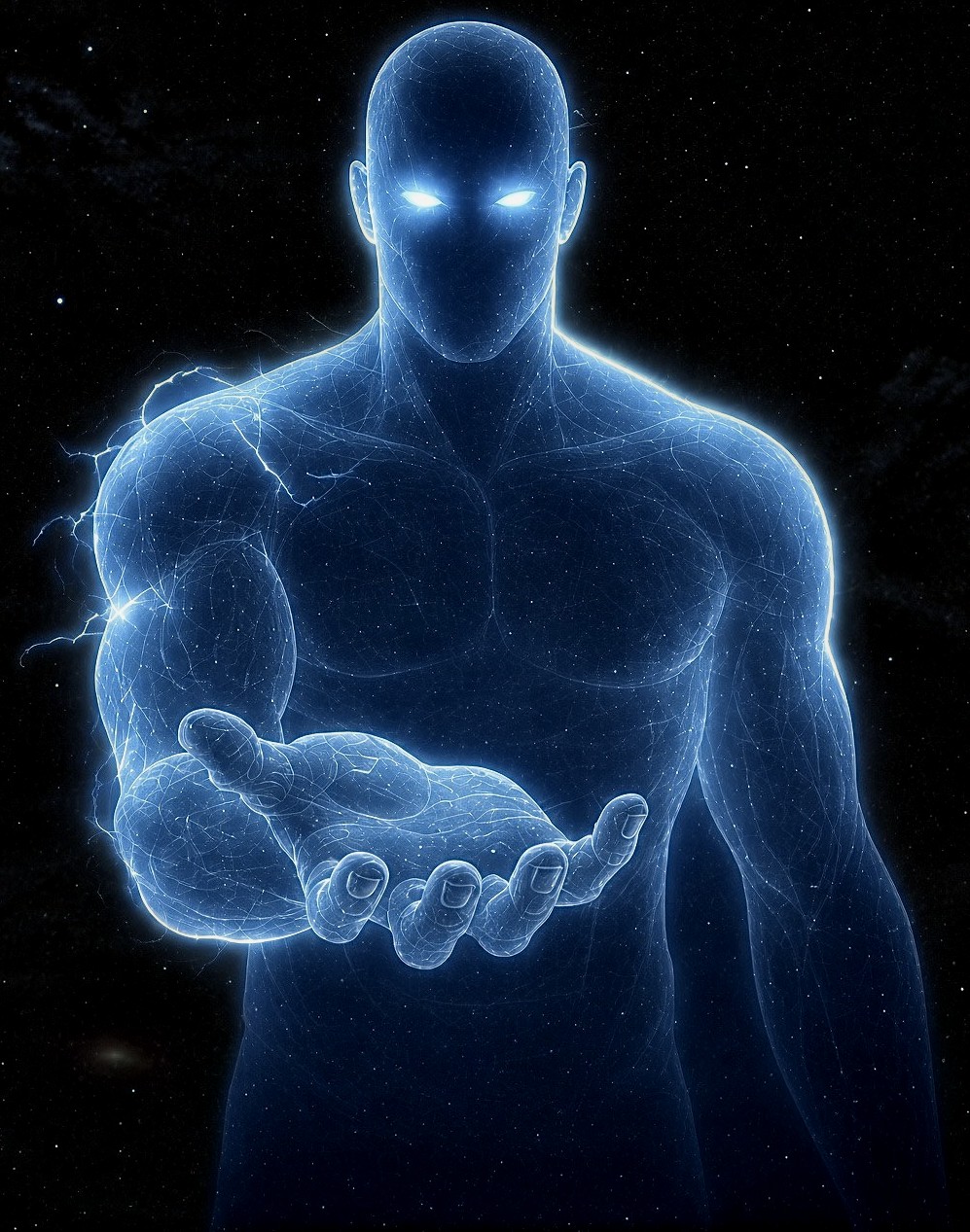 The Growth X Minded Titan, a glowing blue figure holding out an open hand